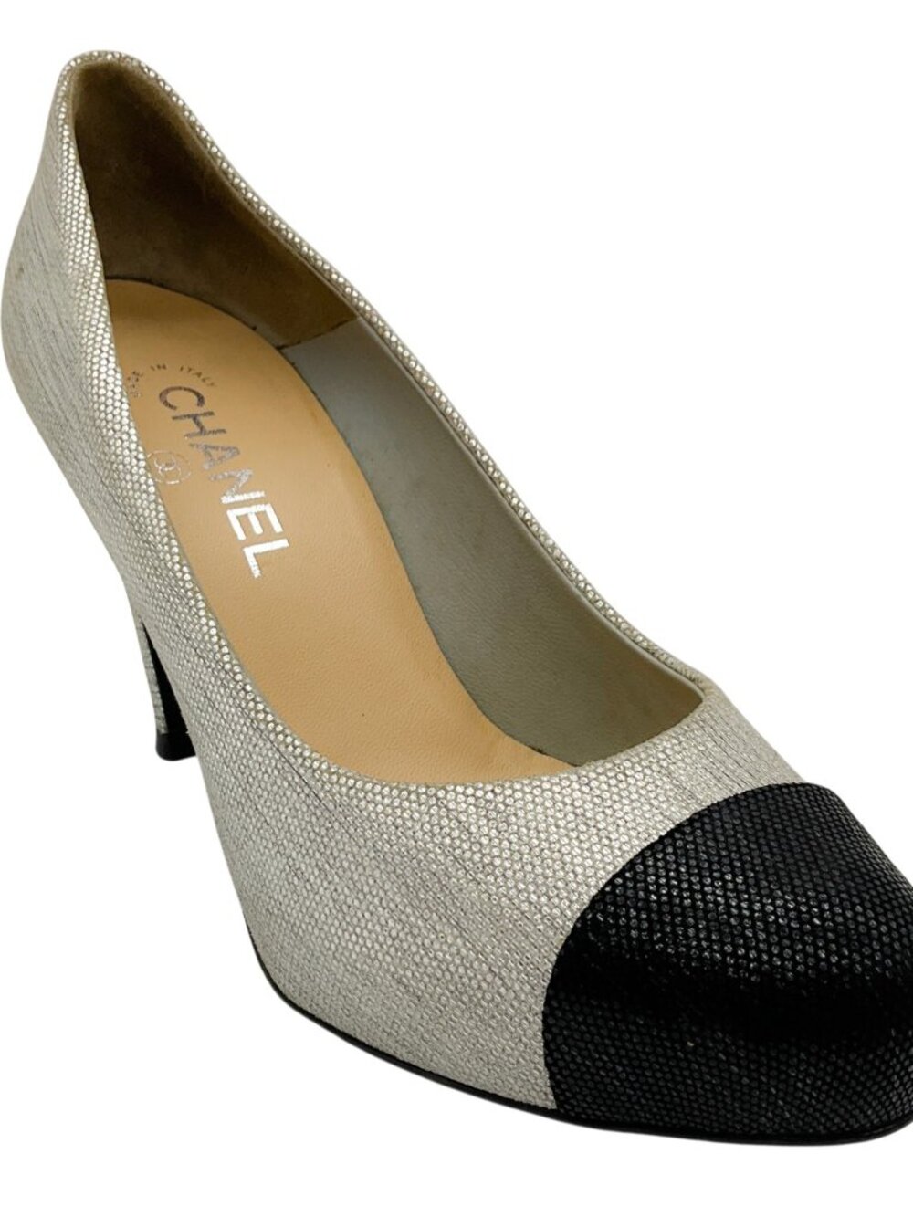 Chanel Textured Silver Metallic Pumps with Black Cap Toe